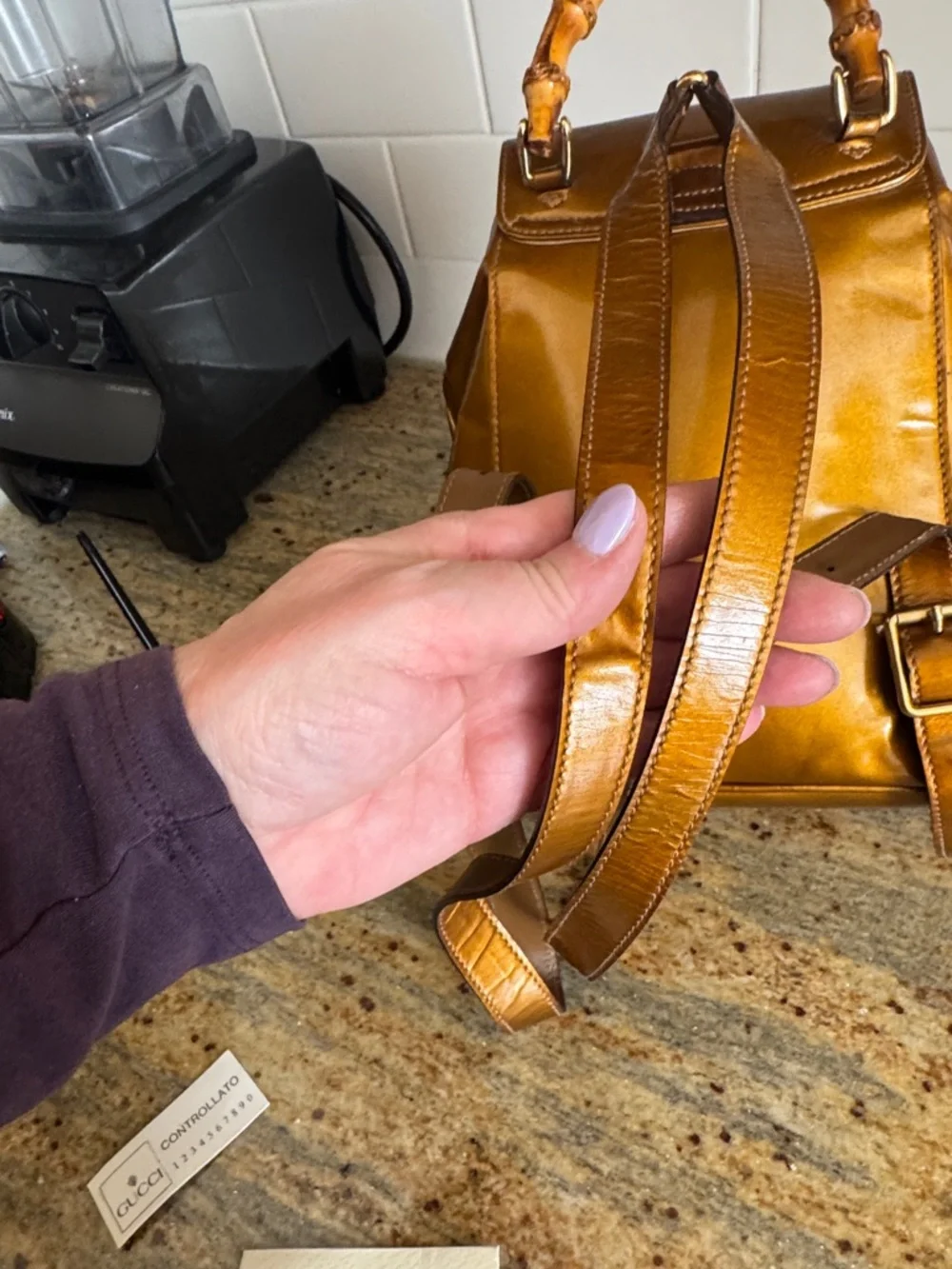 Gucci mini Patent Leather Drawstring Backpack ,, Bamboo Handle VTG Bronze - Picture 16 of 17